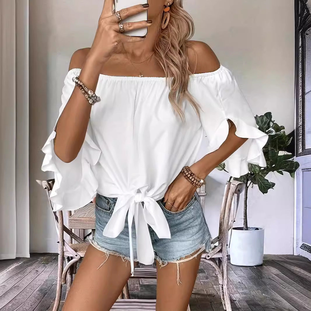Damen Off-Shoulder-Bluse mit Rüschendetails und Taillenbindung R&B