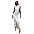Damen elegantes Bodycon Abendkleid mit asymmetrischem Ausschnitt und Schlitz R&B
