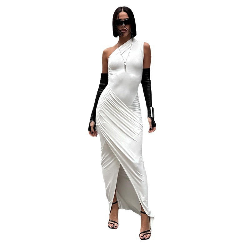 Damen elegantes Bodycon Abendkleid mit asymmetrischem Ausschnitt und Schlitz R&B