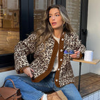 Damen Kuschelweiche Leopardmuster Jacke mit Knopfverschluss und hohem Kragen R&B