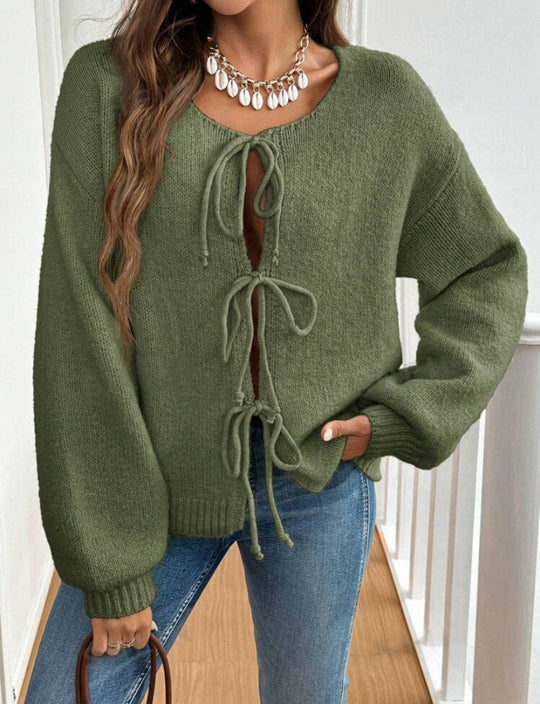 Damen Strickpullover mit dekorativem Schnürdesign und lässigen Ballonärmeln R&B