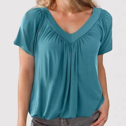 Damen luftige V-Ausschnitt Bluse mit Plissee und kurzen Ärmeln R&B