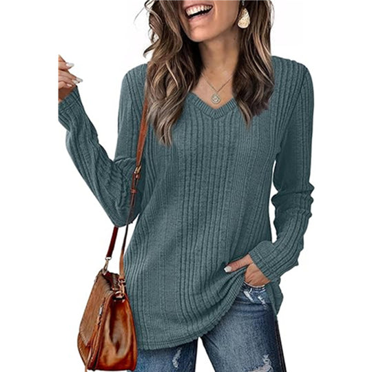 Damen modischer V-Ausschnitt Pullover mit Rippstruktur R&B