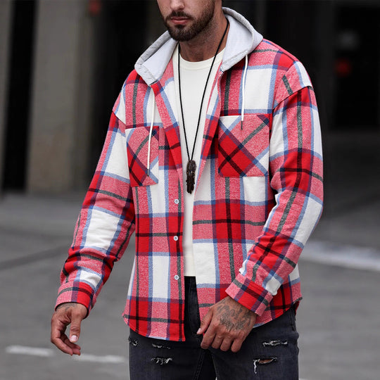 Herren Flanelljacke im lässigen Karomuster mit Kapuze und zwei Taschen R&B