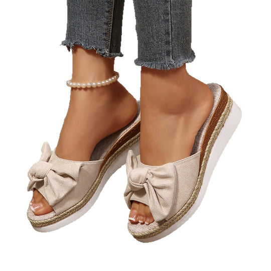 Damen Komfortable Wedge-Pantoletten mit modernen Schleifen und Jute-Detail R&B