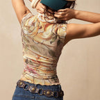 Damen nan figurnahes Mesh-Top mit floralem Aquarellprint, Stehkragen und seitlicher Raffung R&B