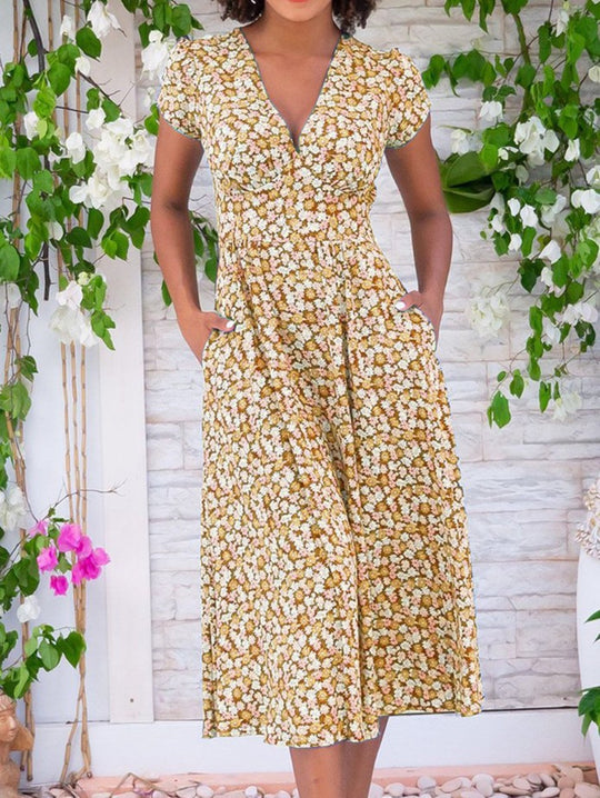 Damen Maxi-Kleid mit floralen Mustern und Taschen R&B