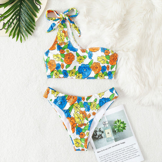 Damen Einseitiger Bikini mit floralem Design und verstellbarem Träger R&B