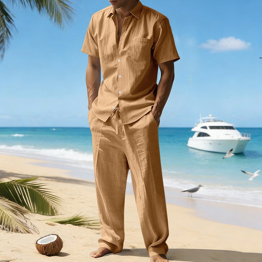 Herren nan resort-taugliches Kurzarm-Hemd mit Brusttasche und lässiger Leinen-Kordelhose R&B