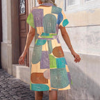 Damen ärmelloses Kleid mit geometrischem Muster und Bindegürtel R&B