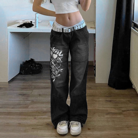 Damen weite Denim-Hose mit kunstvollem Druck R&B