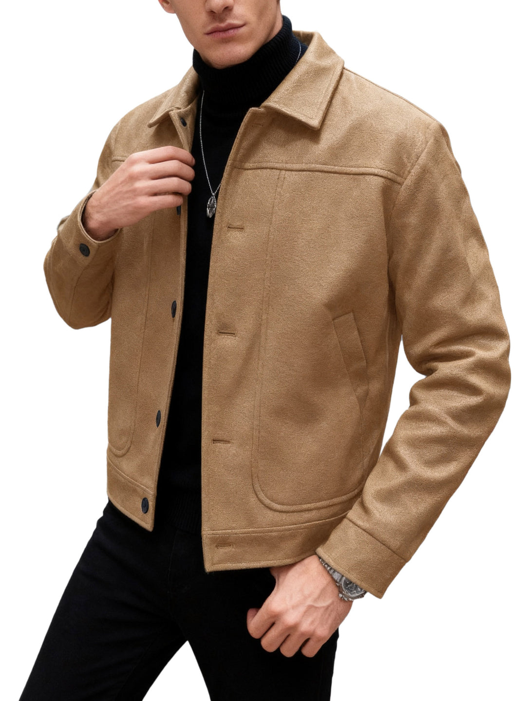 Herren nan moderner Trucker-Overshirt aus Velourslederimitat mit Ziernähten und aufgesetzten Taschen R&B
