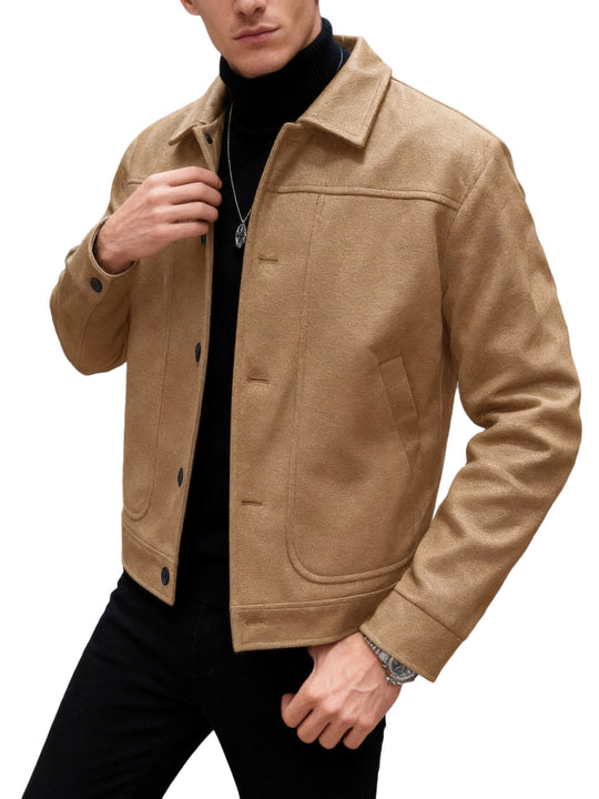 Herren nan moderner Trucker-Overshirt aus Velourslederimitat mit Ziernähten und aufgesetzten Taschen R&B