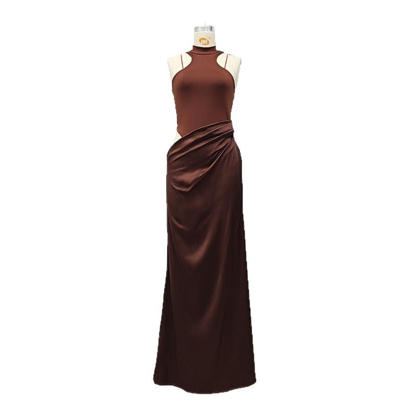 Damen Elegantes Cut-Out Maxikleid mit hohem Kragen und körpernaher Silhouette R&B