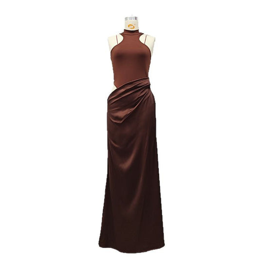 Damen Elegantes Cut-Out Maxikleid mit hohem Kragen und körpernaher Silhouette R&B