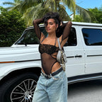 Damen Einteiler Bodysuit mit eleganter Spitzendekoration und transparenter Optik R&B