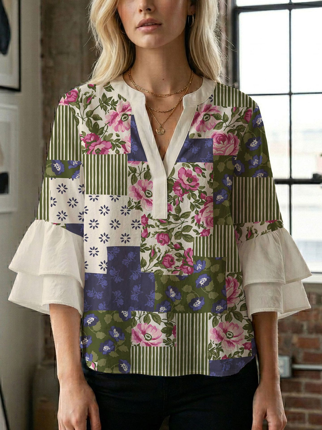 Damen Blusenshirt mit voluminösen Ärmeln und kreativem Druckdesign R&B