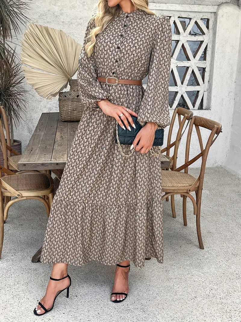 Damen Maxikleid mit raffiniertem Muster und Taillengürtel R&B