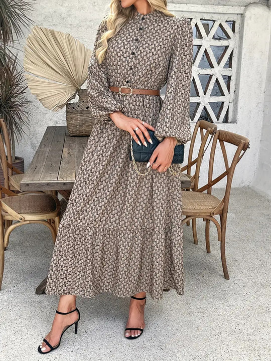 Damen Maxikleid mit raffiniertem Muster und Taillengürtel R&B