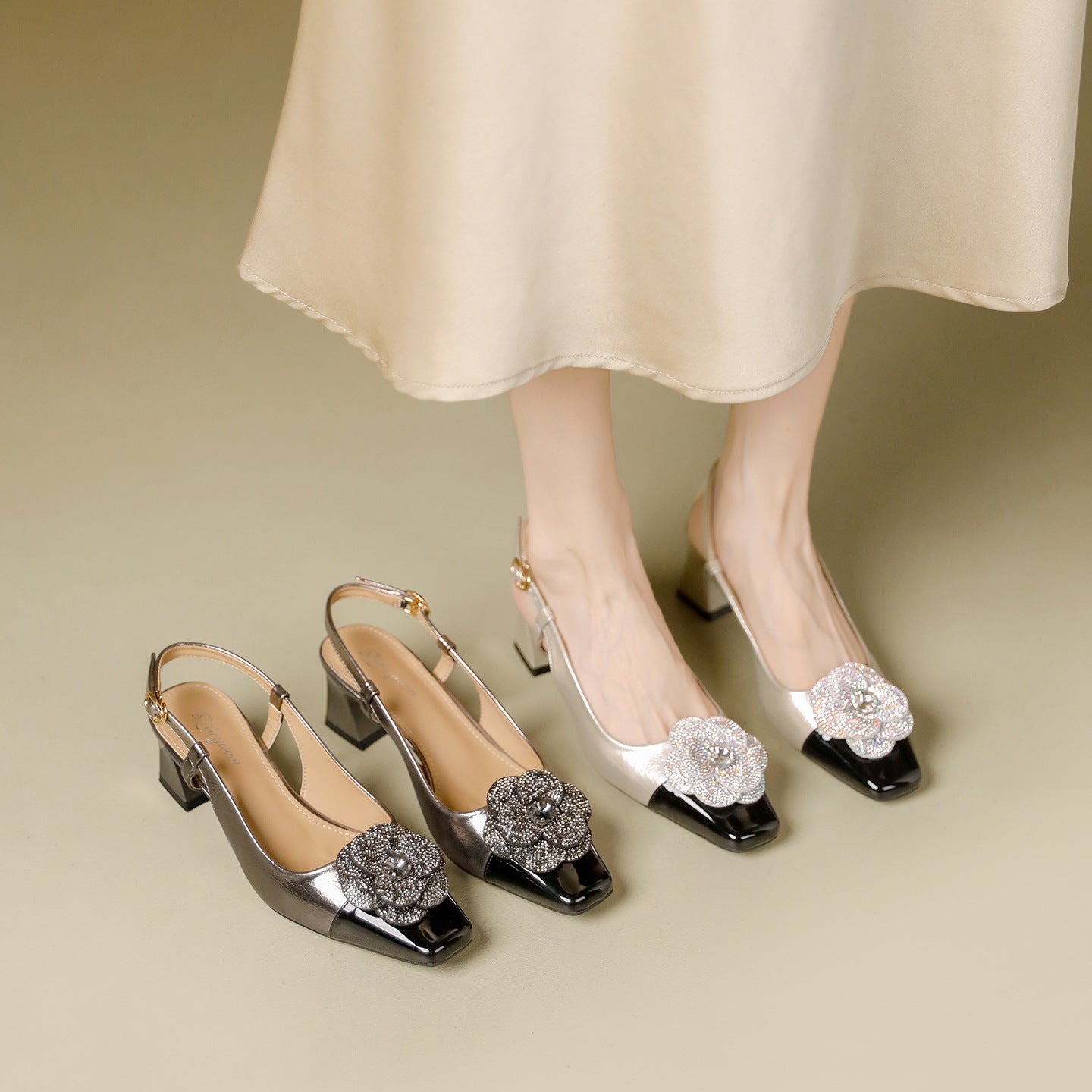 Damen Slingback-Pumps mit eleganter Blütenapplikation