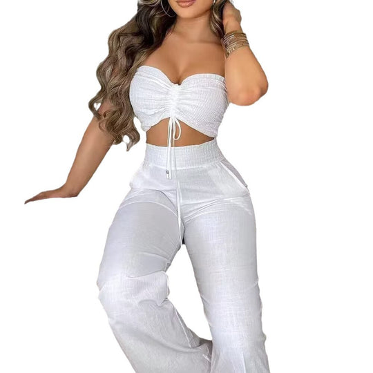 Damen Zweiteiliges Outfit aus leichtem Material mit verstellbarem Crop-Top und High-Waist-Hose R&B