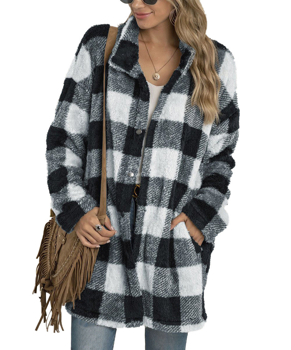Damen Fleecejacke mit Karomuster und praktischen Taschen