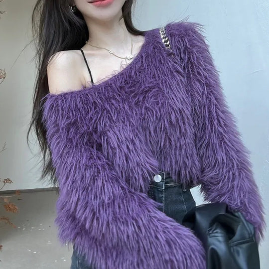 Damen Flauschiger Off-Shoulder-Pullover mit langen Ärmeln R&B