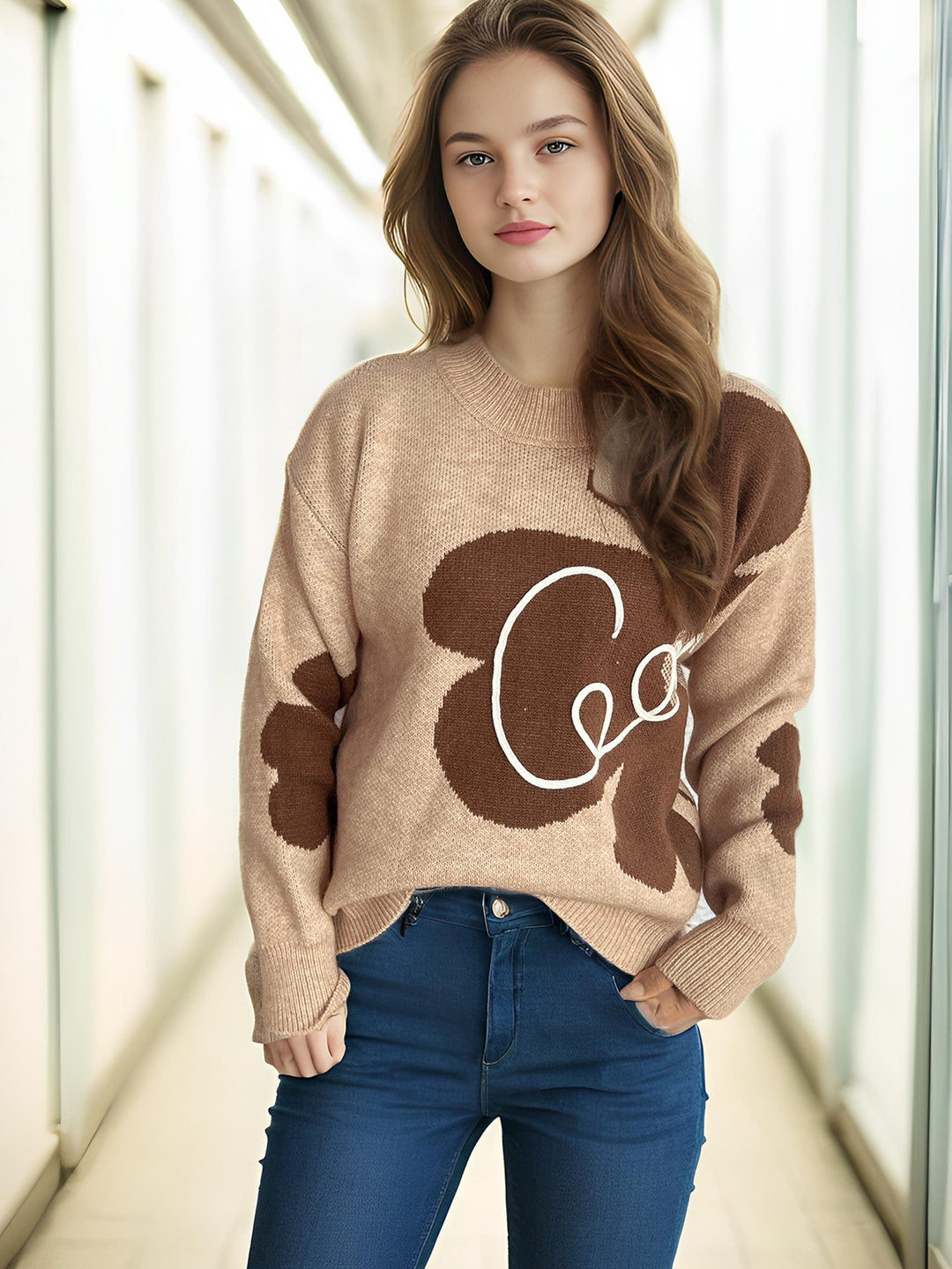 Damen gemütlicher Pullover mit kreativem Schriftzug und modernem Design R&B