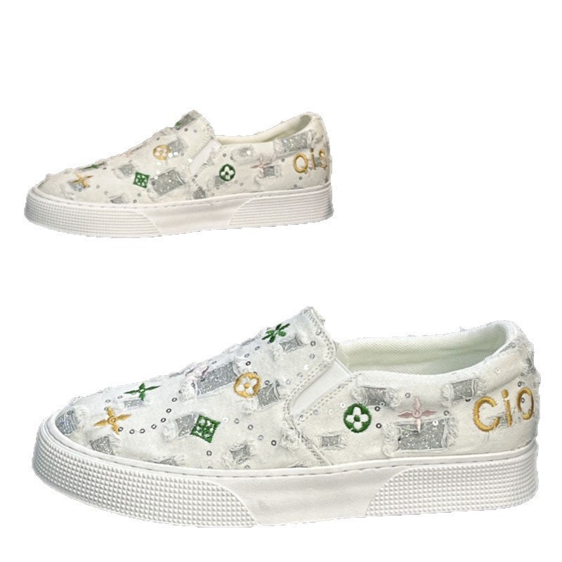 Damen Slip-On Sneakers mit buntem besticktem Design