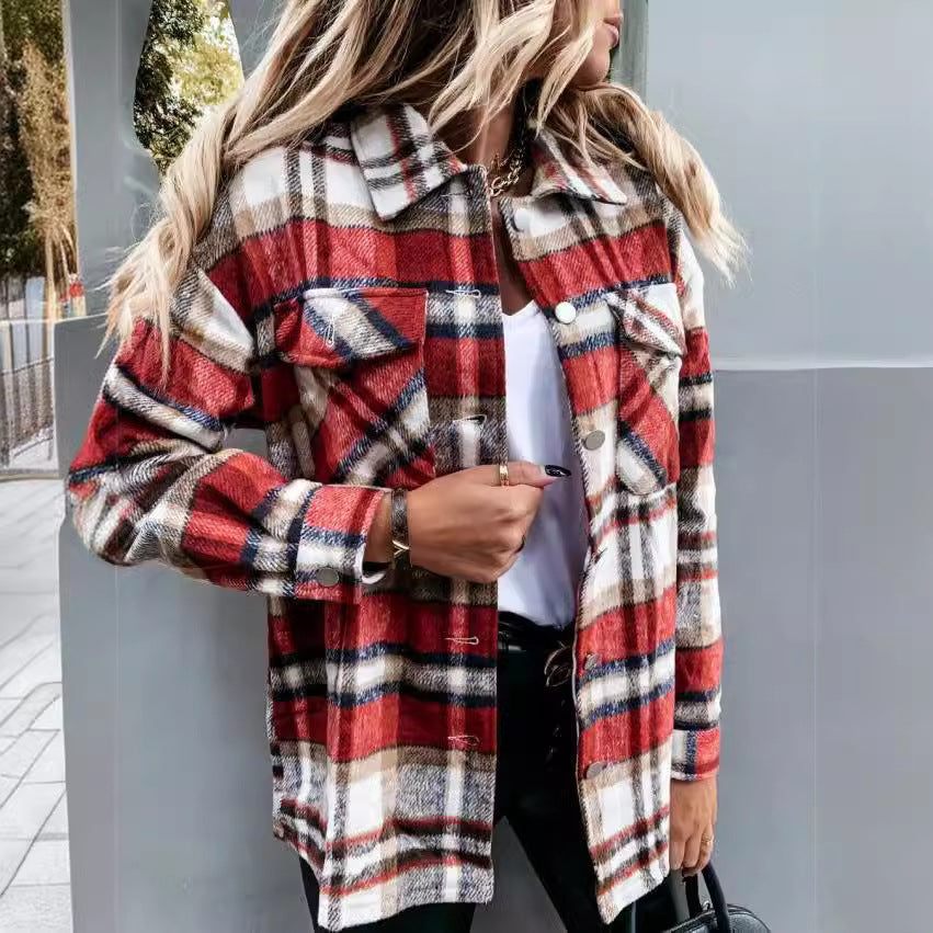 Damen Karo-Hemdenjacke im Oversized-Stil mit Druckknopfverschluss R&B