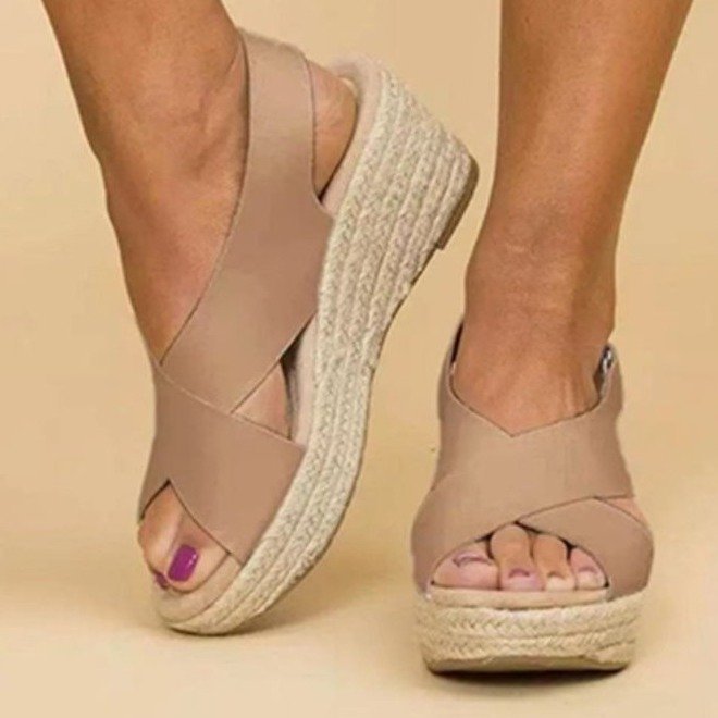 Damen Wedge-Sandalen mit Cross-Over-Riemen und juteumrandeter Sohle R&B