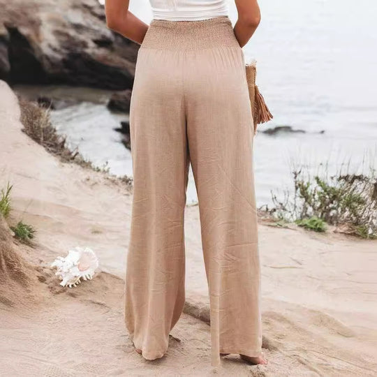 Damen Weite Leinenhose mit elastischem Bund und Falten R&B