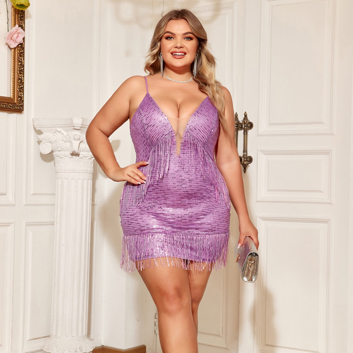 Damen Fransen Minikleid mit tiefem V-Ausschnitt und schimmerndem Obermaterial R&B