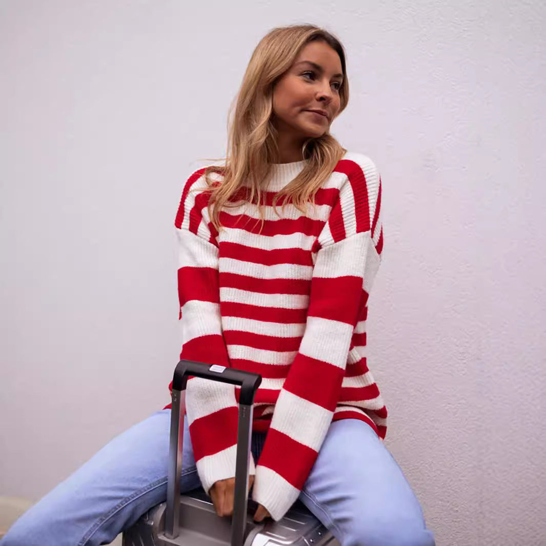 Damen lässiger Streifenpullover mit weitem Schnitt und gemütlichem Material R&B