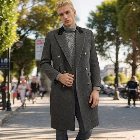 Herren moderner Urban-Mantel mit doppelter Knopfleiste und Samtkragen R&B