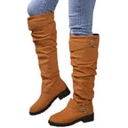 Damen hohe Stiefel mit modischem Rüschen-Design und dekorativem Riemen R&B