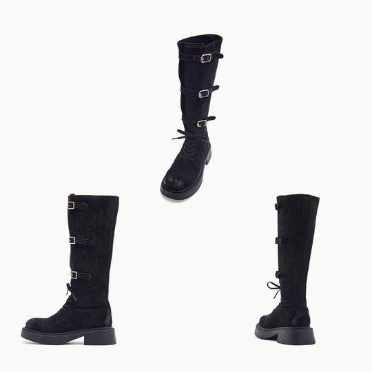 Damen Modische Overknee-Stiefel mit robustem Plateau und dekorativen Schnallen R&B