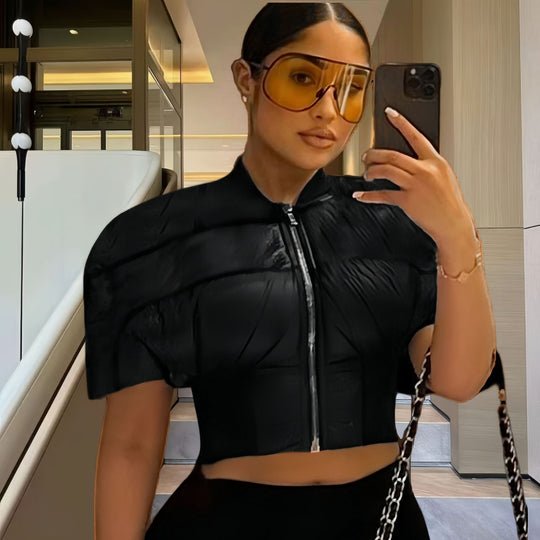 Damen modische cropped Jacke mit voluminösen Puffärmeln R&B