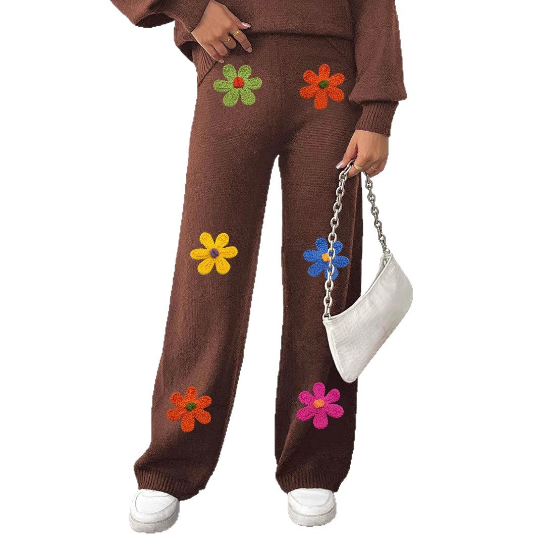 Damen lässige Strickhose mit bunten Blumenapplikationen R&B