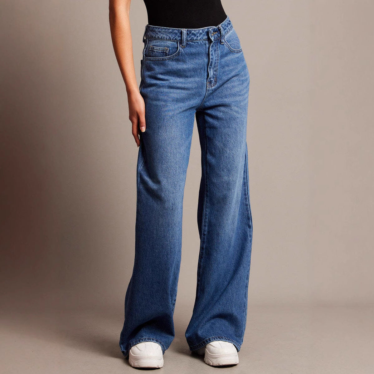 Damen Weit geschnittene High-Waist Jeans mit eleganten Falten R&B
