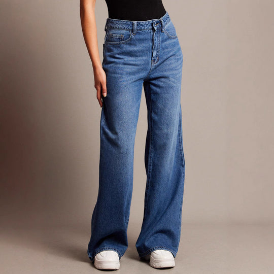 Damen Weit geschnittene High-Waist Jeans mit eleganten Falten R&B