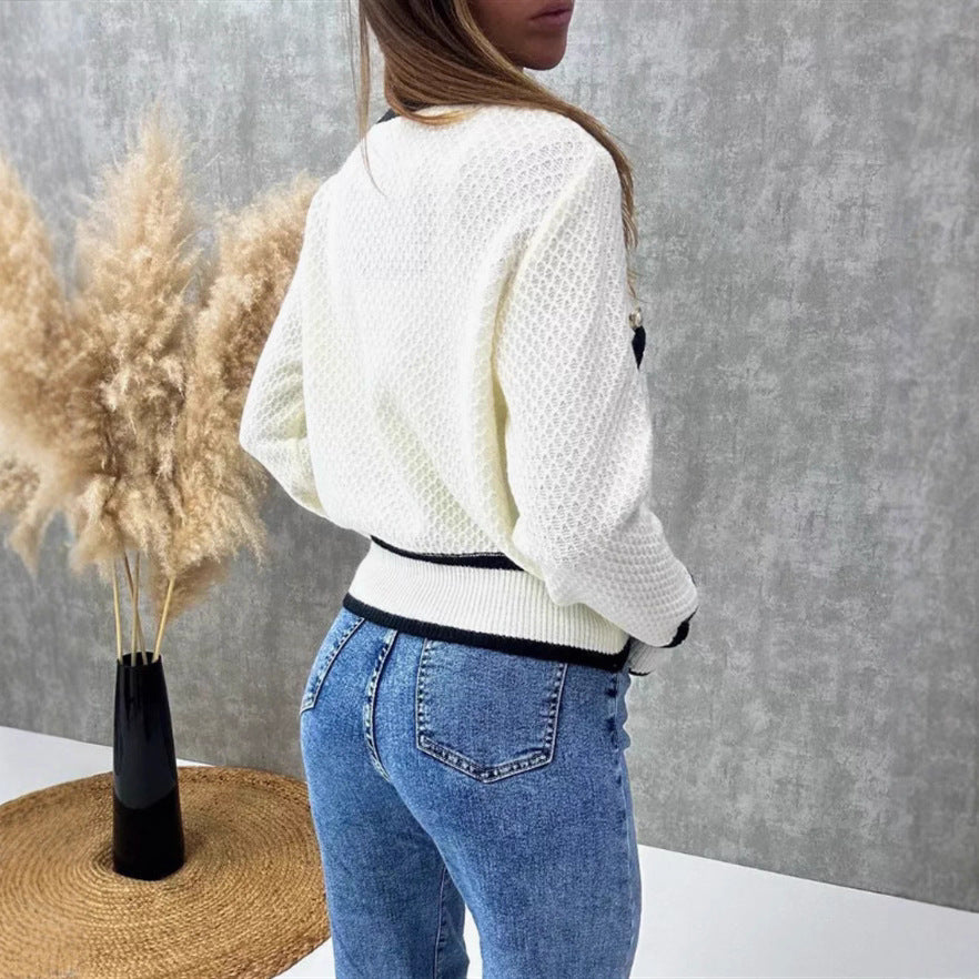 Damen Elegante Strickjacke mit Perlenknöpfen und Kontrastdetails R&B