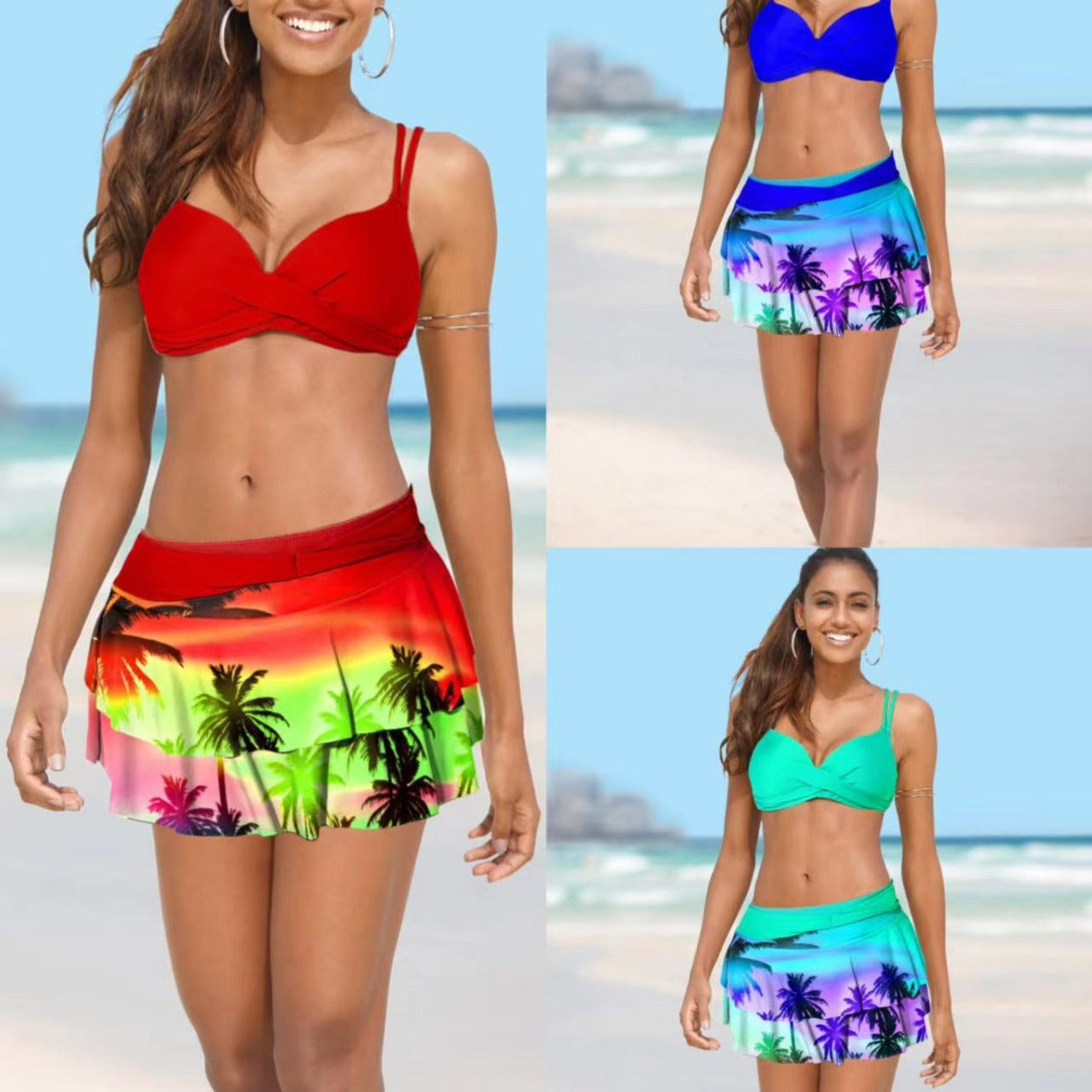 Damen Bikini mit Wickelrock und tropischem Design R&B