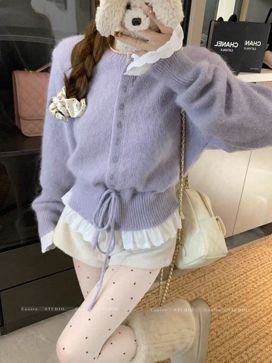 Damen kuscheliger Strickjacke mit fransigen Details und Bändchen R&B