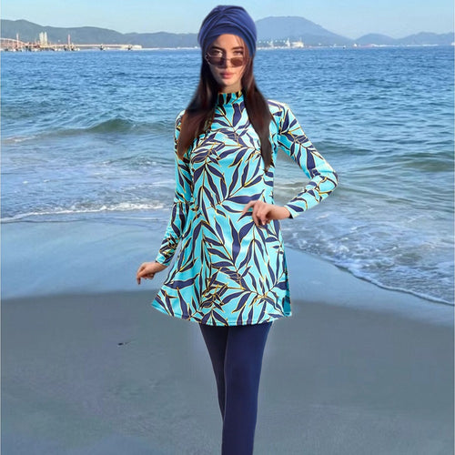 Damen modischer UV-Schutz-Schwimmanzug mit langem Arm und asymmetrischem Saum R&B