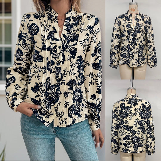 Damen Bluse mit floralen Motiven und eleganter Raffung R&B