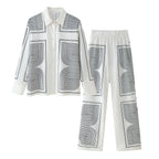 Damen Set aus lässigem Hemd und weiten Hosen im geometrischen Design R&B