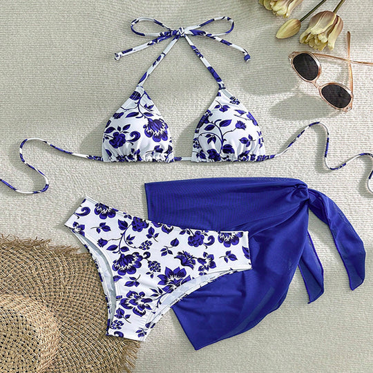 Damen Triangel-Bikini Set mit floralem Design und schickem Wickeltuch R&B