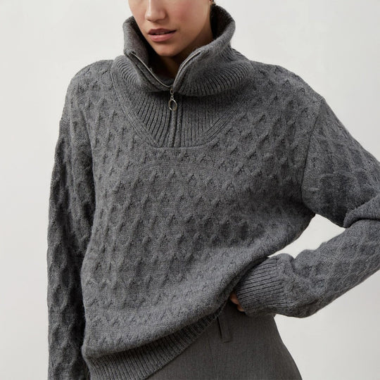 Damen Gemusterter Strickpullover mit hohem Kragen und Halbreißverschluss R&B