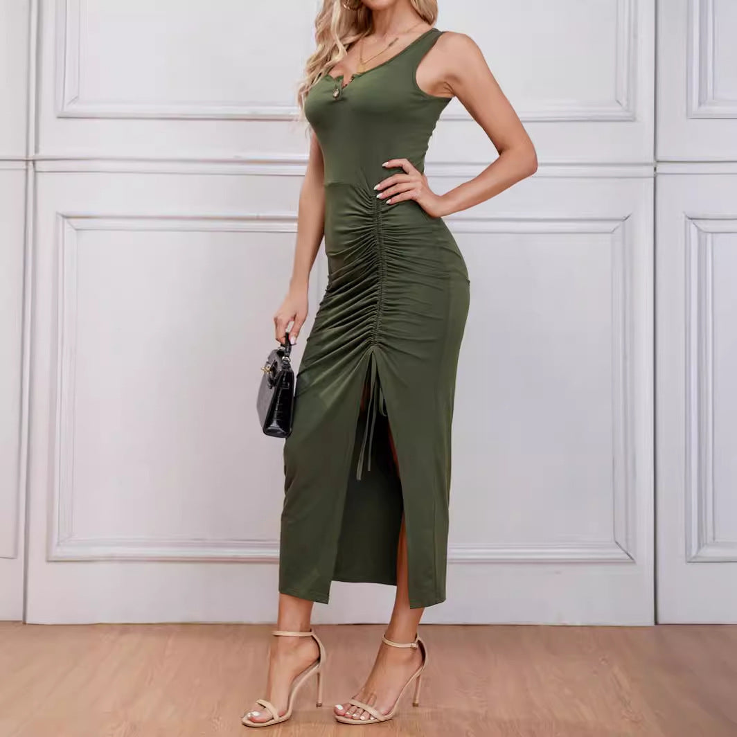 Damen ärmelloses Kleid mit dekorativen Knopf-Details und Raffungen R&B